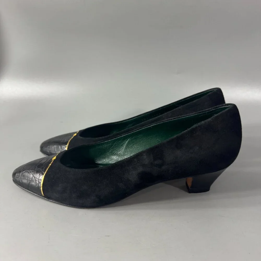 Authentic Gucci 70's-80's Black Suede/Leather w/ Micro GG Logo Pumps, Size 38.5 - Picture 4 of 14